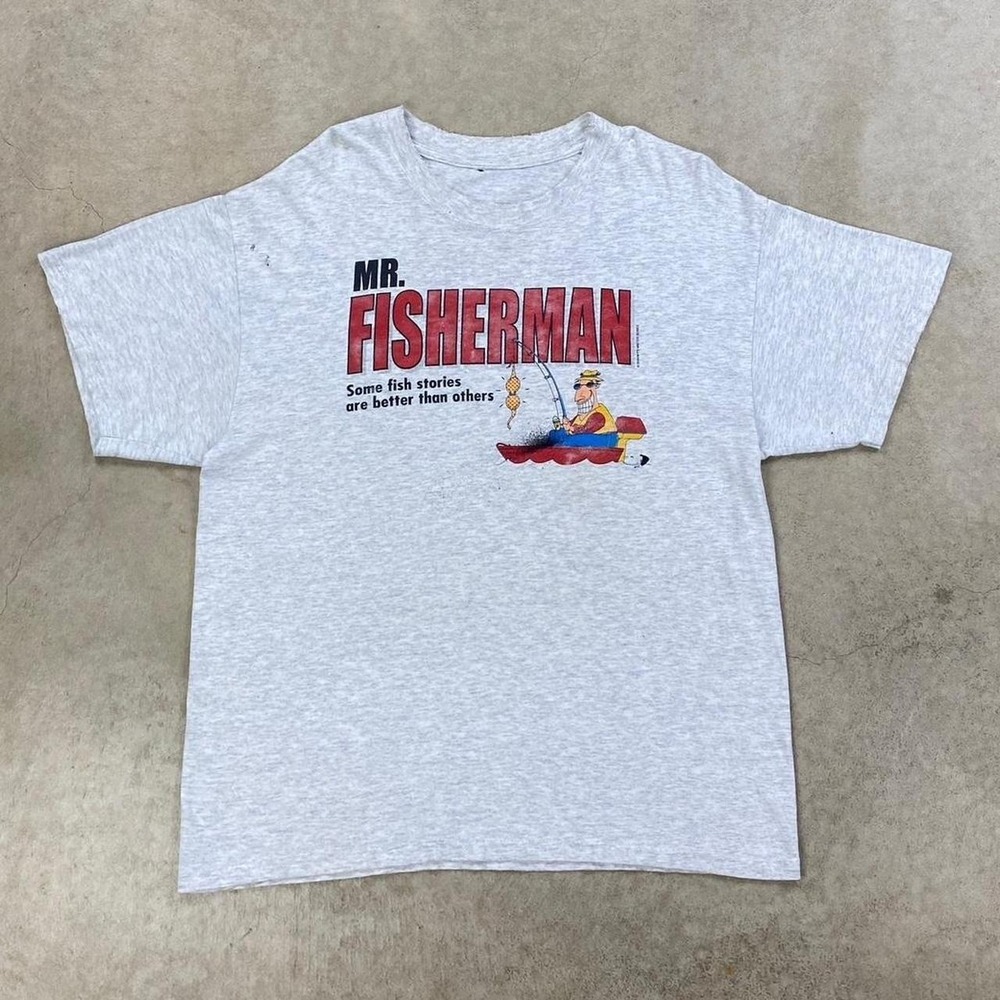 Vintage 90s Mr Fisherman Shirt Size Large Gray Novelty Funny Fishing Parody